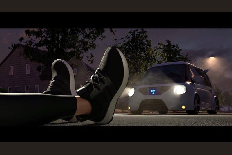 Rendering of someone's limp legs lying on asphalt in front of car that approaches in the night