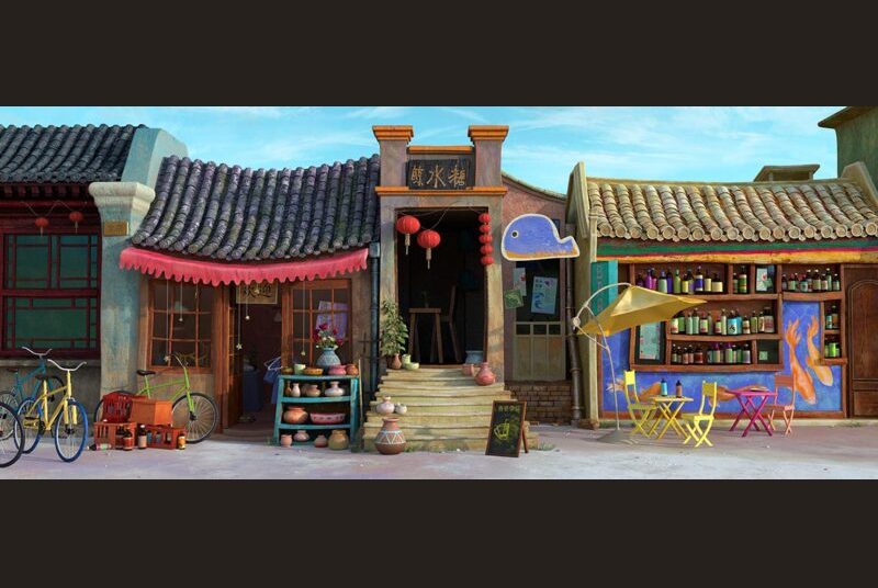 Colorful CGI rendering of shops and restaurants located on a Beijing street