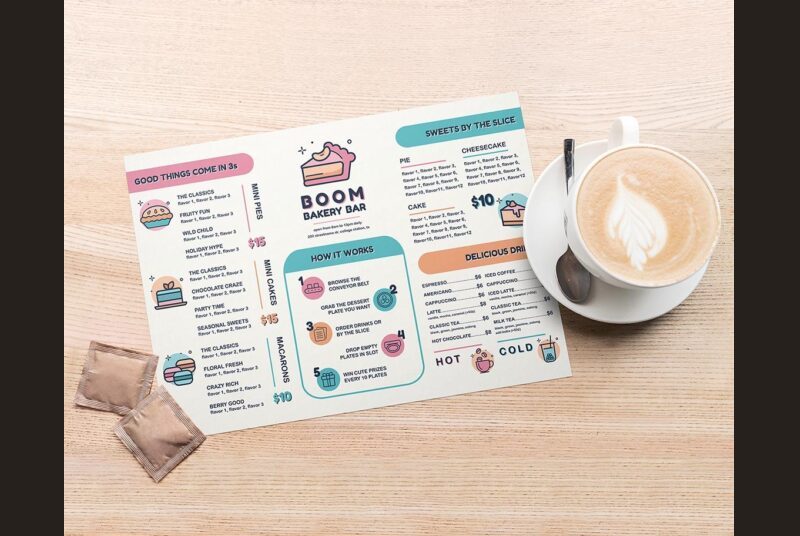 Mockup of a bakery menu featuring clear levels of hierarchy and simple illustrations in a limited color pallette