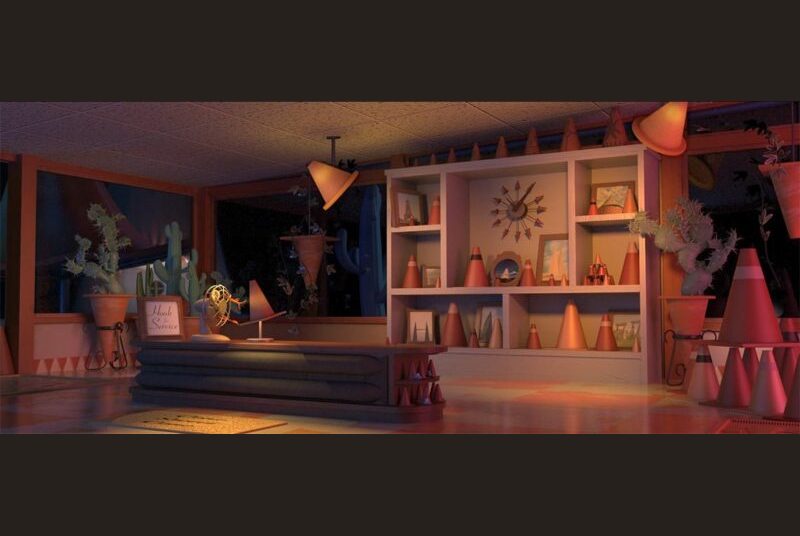 CGI rendering of a traffic cone themed hotel lobby inspired by the Pixar movie Cars