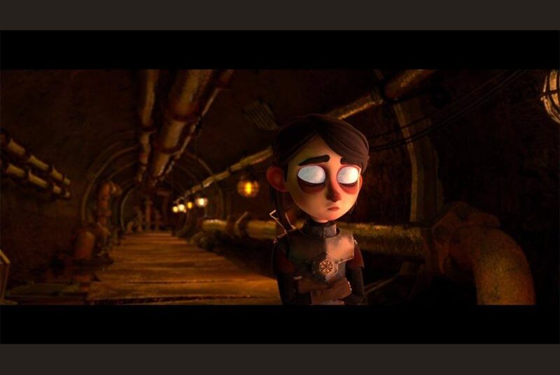 CGI rendering of boy without pupils standing in darkened underground tunnel