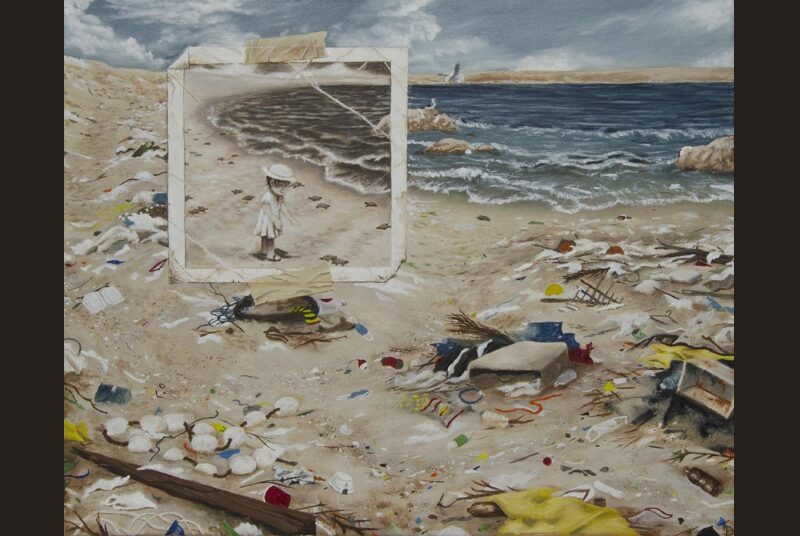 Painting of polluted beach includes with an inset poloroid of a young girl exploring the beach before it became littered