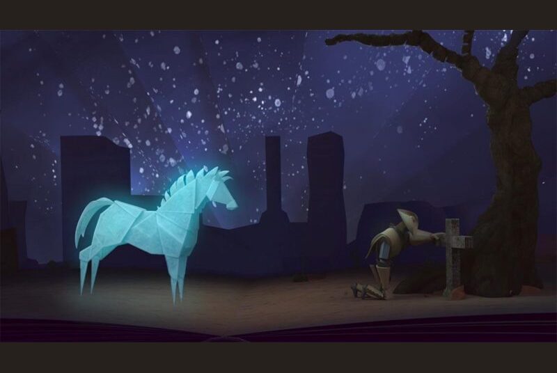 Rendering of a geometrically shaped person kneeling at a gravesite with a glowing horse waiting behind him