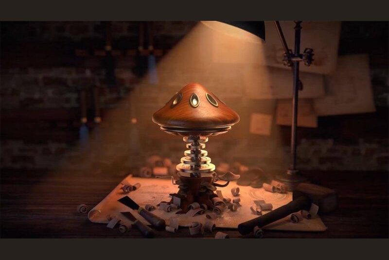 A lamp illuminates a freshly carved mushroom-inspired trinket in a dim workshop