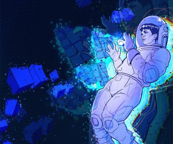 Illustration of a person in an astronaut suit floating and looking at a glowing cube between their hands, surrounded by more floating cubesIllustration of a person in an astronaut suit floating and looking at a glowing cube between their hands, surrounded by more floating cubes