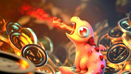 CGI rendering of a tiny dragon breathing fire as it sits in a pile of coins