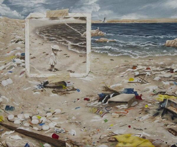 Painting of polluted beach includes with an inset poloroid of a young girl exploring the beach before it became littered