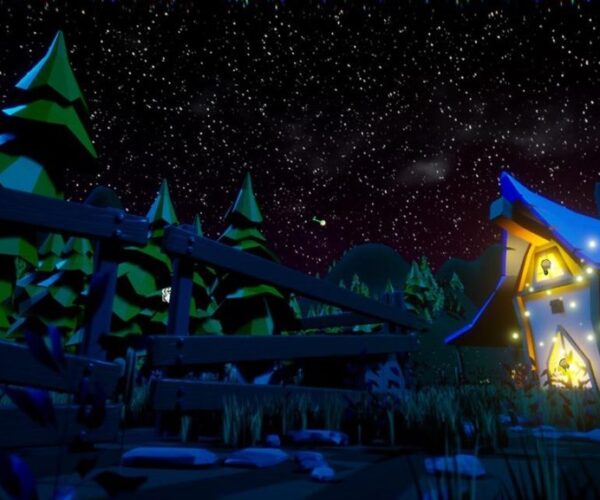 Rendering of a small cottage in a forest under a dark night sky filled with hundreds of starsRendering of a small cottage in a forest under a dark night sky filled with hundreds of stars
