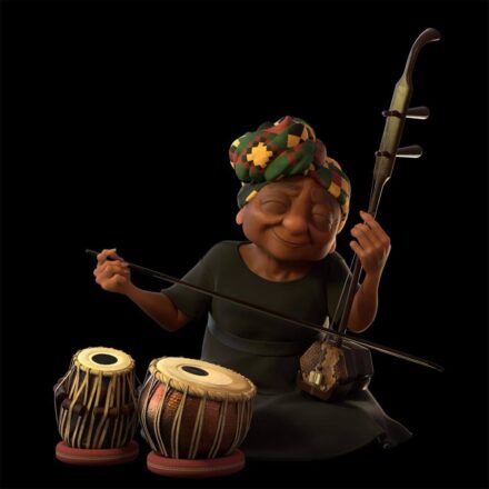 CGI rendering of an elderly Black woman playing culturally traditional instruments