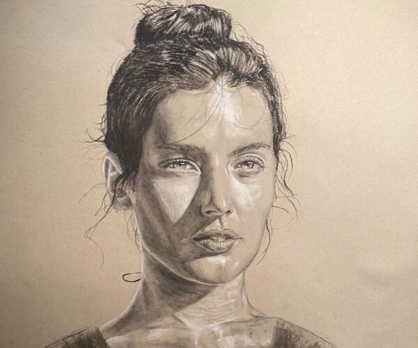 Graphite portrait of Rey from The Force Awakens