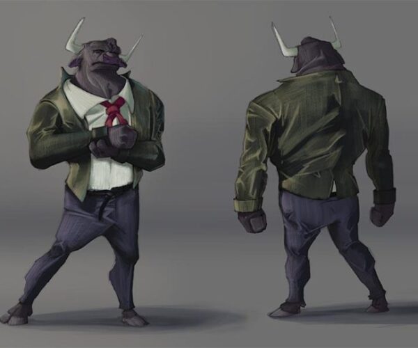 Front and back view of an anthropomorphic bull wearing a green jacket, red tie and blue trousers