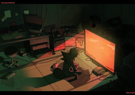 Illustrated image of a person playing a video game in a darkened room