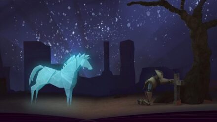 Rendering of a geometrically shaped person kneeling at a gravesite with a glowing horse waiting behind him