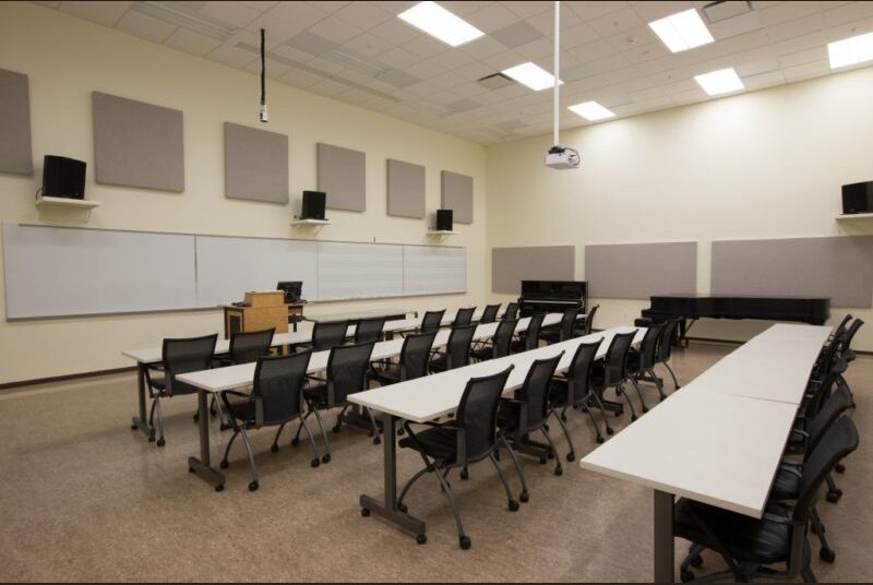 Small lecture hall with tables