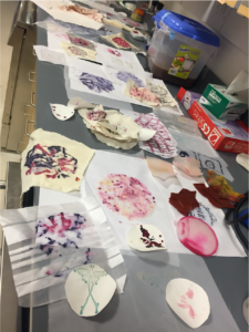 Examples of bacteria art printed on textiles