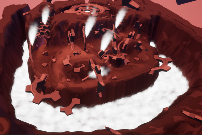 A maroon video game landscape with steam emerging from six points.