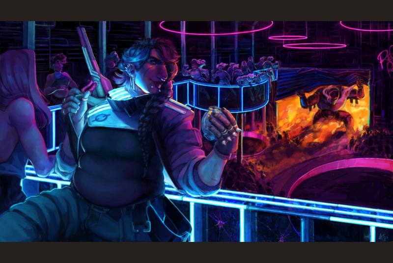 A color illustration of a futuristic environment and characters.