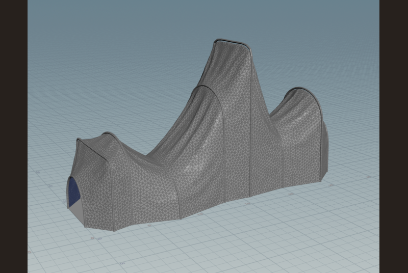 A gray 3D model with peaks and valleys on a grid.
