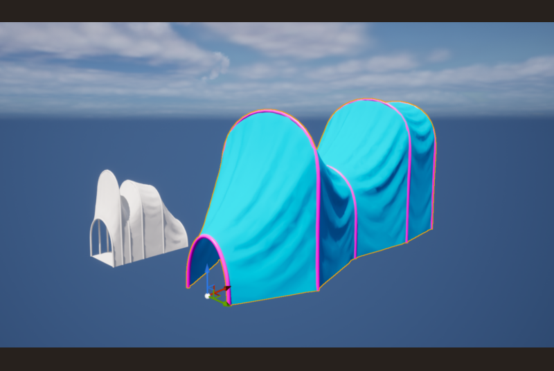 A sky landscape with two 3D models: one small and white, one large and light blue with pink accents.