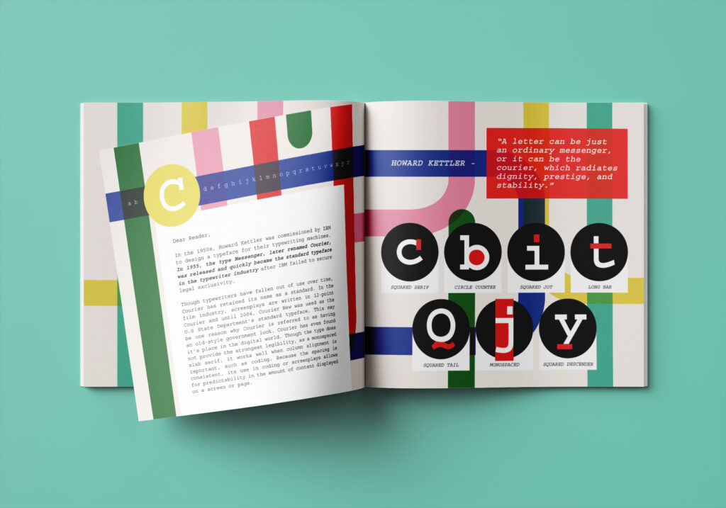 A magazine spread shows different graphic design elements including different fonts and colors