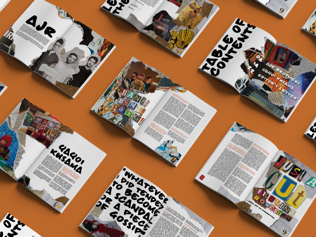 A series of magazine spreads that show different images and font types and sizes