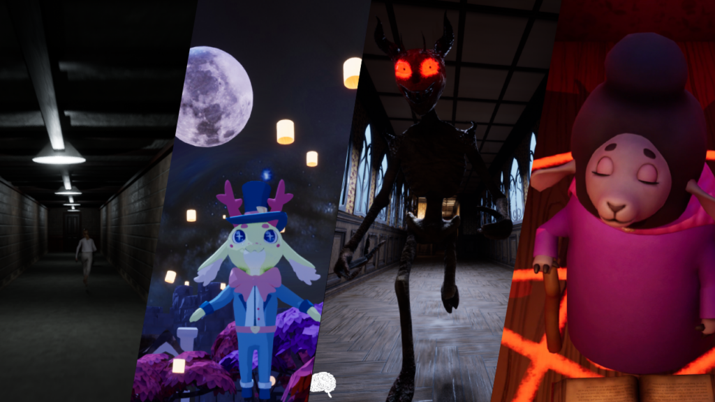 Four images of computer games show a character walking through a shadowy hall, a smiling character with a top hat in the moonlight, a demon with red eyes and a sheep character with her eyes closed.
