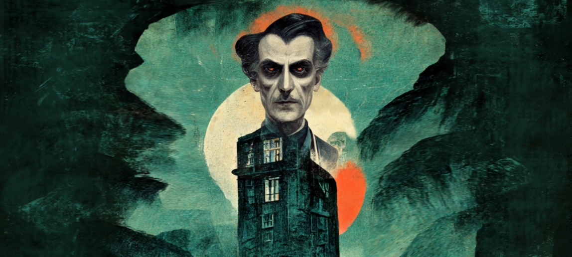 A dark green illustration of a tall house with the face of a man hovering behind it, with the moon behind him. A small figure in orange is at the door of the house.