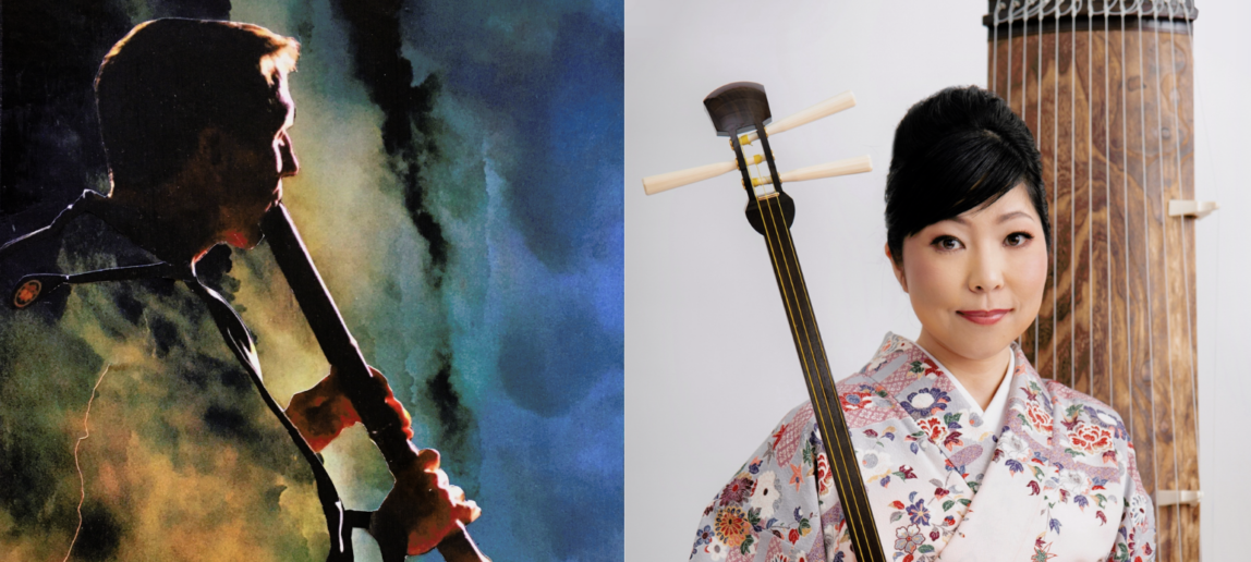 Two photos are together. On the left side: A man performs with a shakuhachi, an end-blown bamboo flute. On the right: A woman holds a shamisen, a three-stringed plucked lute, and stands in front of a koto, a 13-string zither. Both are traditional Japanese instruments.