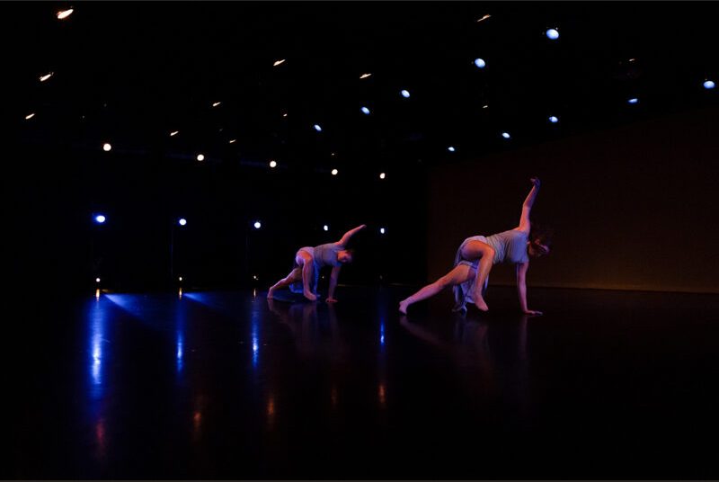 Two dancers perform, each with one hand on the floor and one in the air.