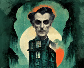 A dark green illustration of a tall house with the face of a man hovering behind it, with the moon behind him. A small figure in orange is at the door of the house.