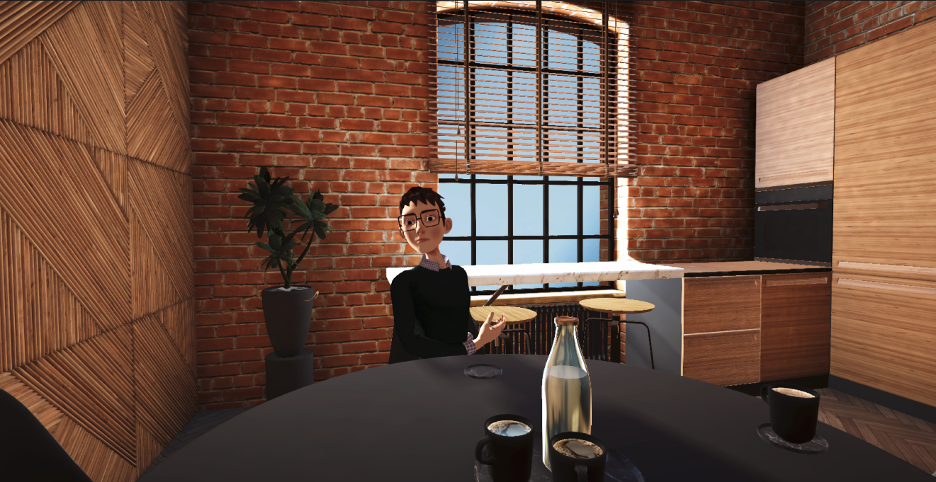 An image of a computer-generated person with glasses, sitting at a table.