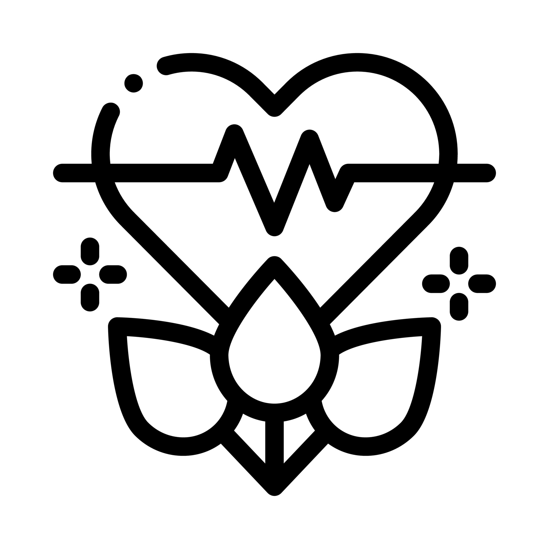 A graphic for arts in health and wellness, which includes three flowers, a heart and a heartbeat reading.