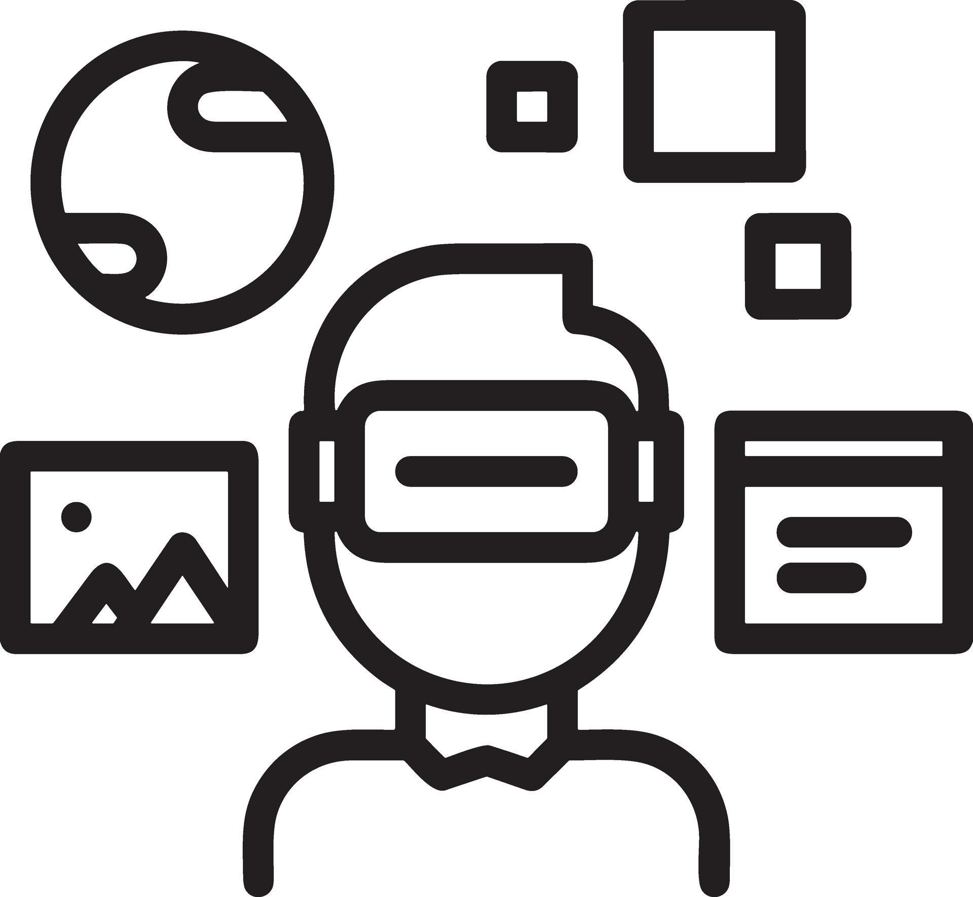 A graphic for interactive and immersive education, which shows a person wearing a virtual reality mask, with other shapes around the person's head.