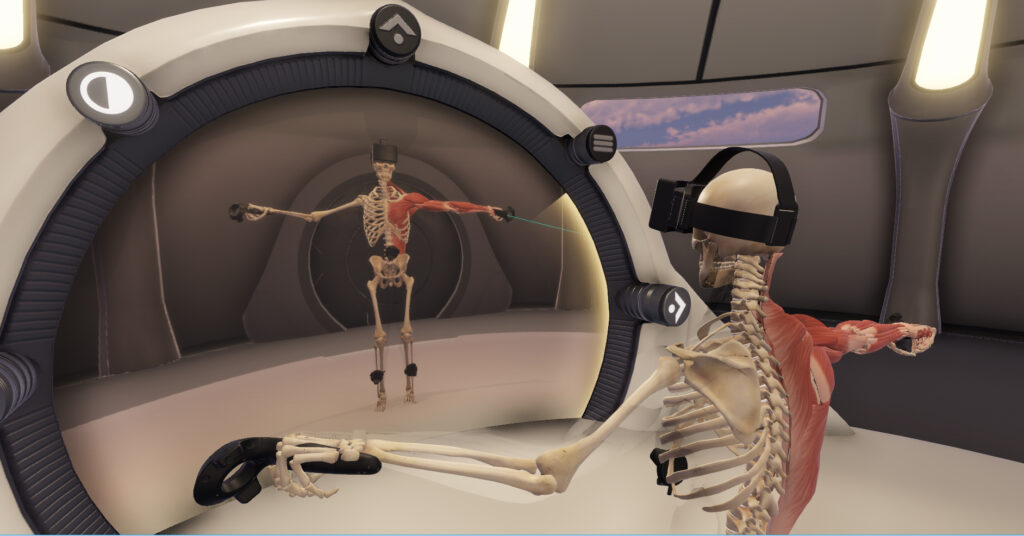 A computer graphic image shows muscle action by a human through virtual reality.