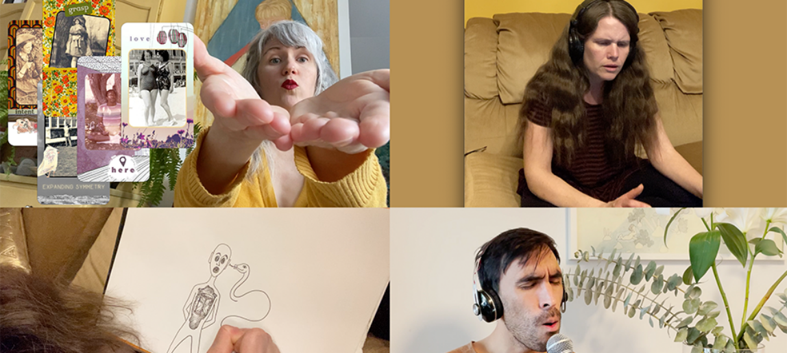 A computer screen is shown split into four equal quadrants. In the top left, a woman is holding out her hands toward the viewer, alongside vintage photographs. Bottom left: An artist's hand is visible, drawing a picture of a person and a snake. Top right: A woman is wearing headphones and is concentrating. Bottom right: A man wearing headphones sings into a microphone.