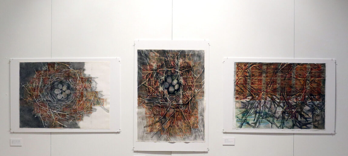 A series of three creative works on a gallery wall that include imagery of nests and eggs.
