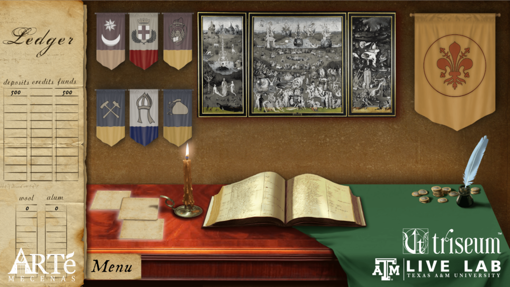 An in-game desk with books, feather fountain pen, and banners on the wall.