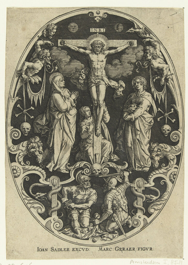 A drawing of the crucifixion of Jesus Christ by Marcus Gheeraerts. Two thieves are growing out of the floral ornament on either side.
