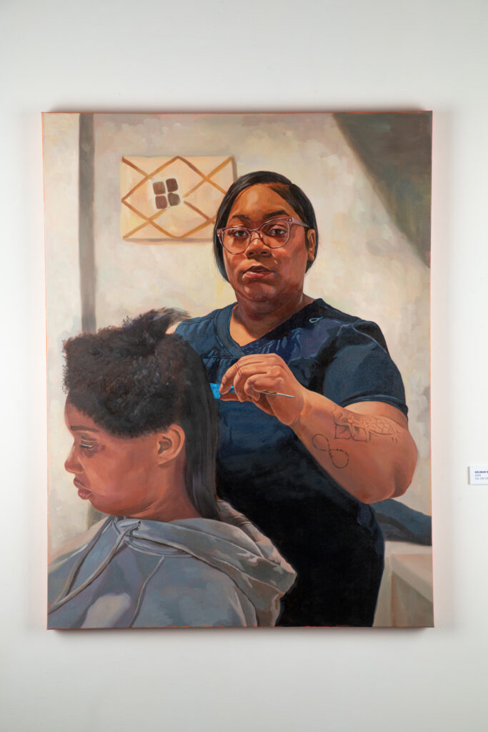 A painting that depicts a woman hairstylist working on a customer's hair.