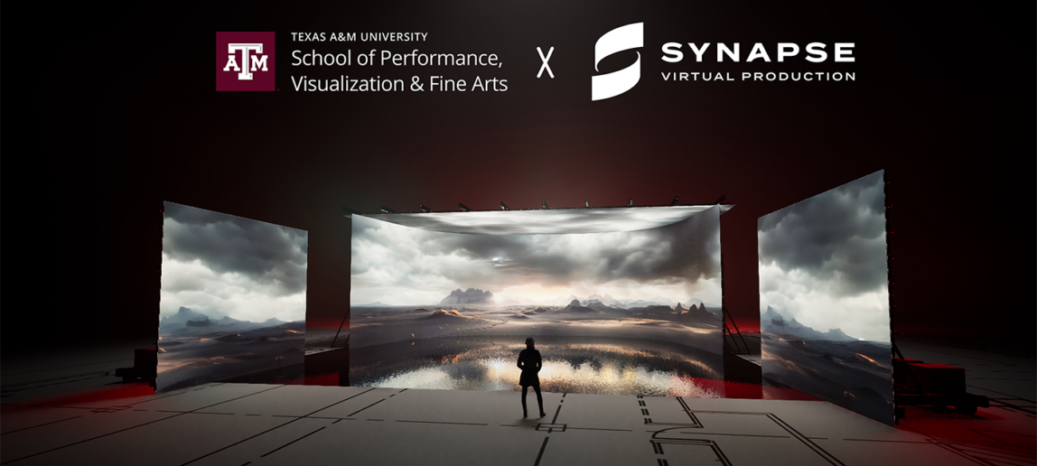 A person stands in front of a screen on a virtual production stage. The screen is displaying a winter mountain scene. Above the screen are two logos: Texas A&M School of Performance, Visualization and Fine Arts and Synapse Virtual Production.