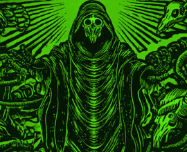 A green and black illustration with a skeletal, snake-like figures. Text reads: Black Magic Cyborg. Jaycie Carver.