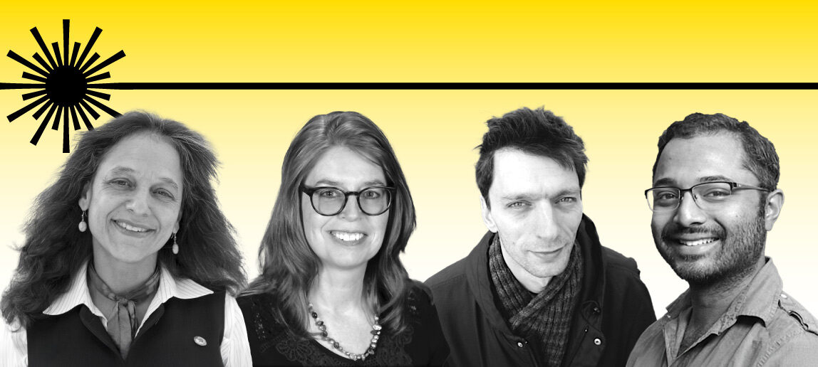 A yellow-and-black graphic with a sun-like image. Four guest speakers are pictured in black and white.