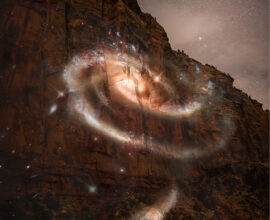 A piece of photographic art that shows a mountain and the stars beyond it, with lights in a spiral shape in the foreground.