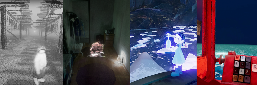 Four clips from 360-degree films are shown, including two featuring blurry figures, one of a girl next to an icy body of water, and one of a view  looking out at a body of water.