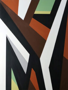 A piece of abstract art with black, brown and white colors.