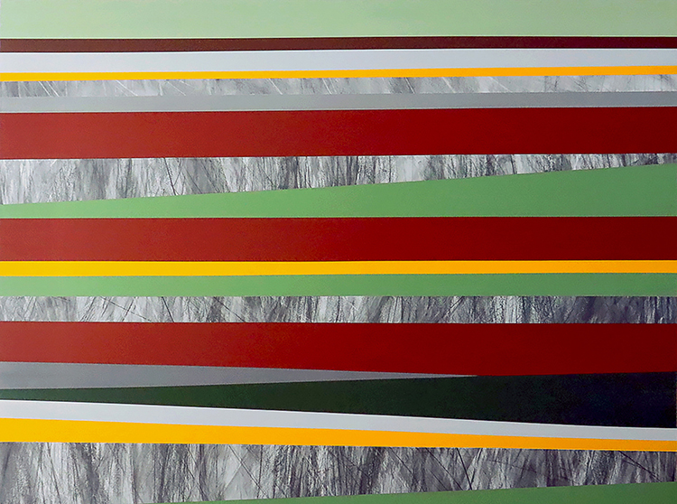 A piece of abstract art with red, yellow and green colors.