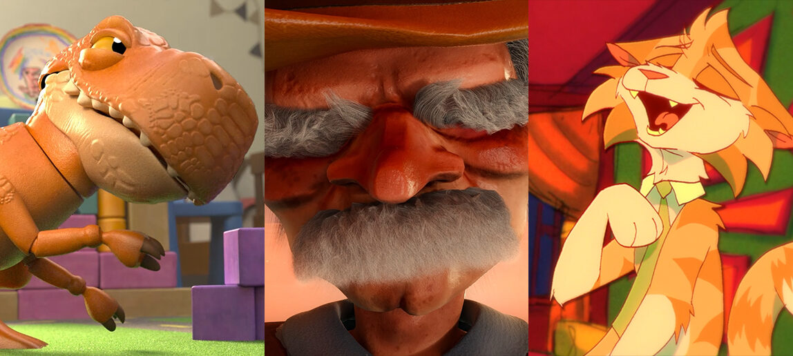 Three stills from recent animation reels featuring a toy dinosaur, an old sheriff, and a singing cat.